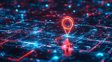 Abstract Digital Map with Glowing Neon Red Location Pinpoint on Futuristic Circuit Board Technology Background. Cyberpunk Style, Red and Blue Colors, 