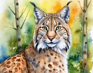 Obraz premium Watercolor painting of a lynx with striking green eyes, patterned fur, and ear tufts, set against a colorful forest background.