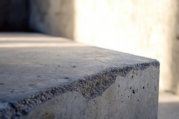 A close-up view of a worn-out concrete bench with cracks and imperfections
