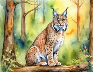 Obraz premium A majestic lynx sits on a log in a colorful forest, surrounded by trees and soft light, capturing its elegant presence.