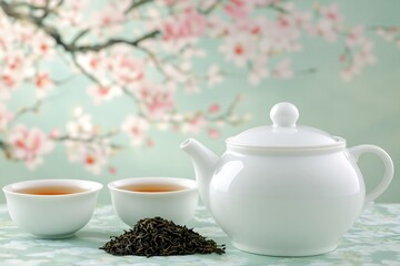 Fototapeta premium White teapot and two cups with dried tea leaves on table