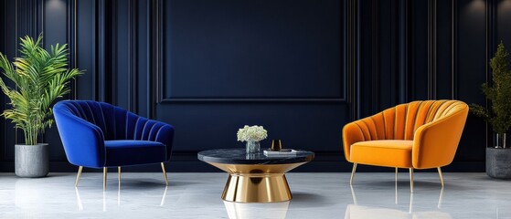 [Modern living room interior design ideas] Modern living room with blue and orange accent chairs and decorative side table on light-colored carpeted floor surrounded by white walls and dark accents.