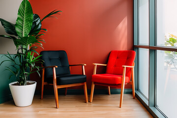 Two chairs are sitting in front of a red wall