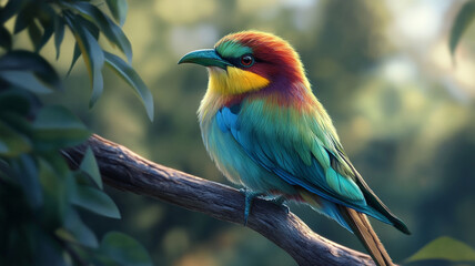 Fototapeta premium Vibrant Rainbow Bee eater Bird Perched on Branch in Lush Green Forest