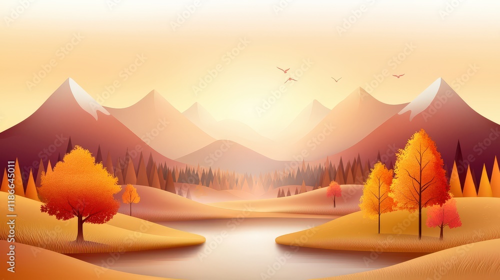 Poster a scenic fall mountain range with trees in fiery autumn colors and a calm river winding through the 