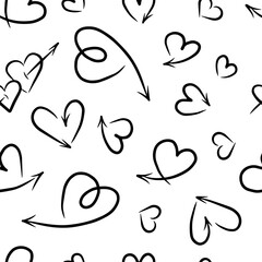Heart arrows, hand-drawn doodle elements in a seamless pattern