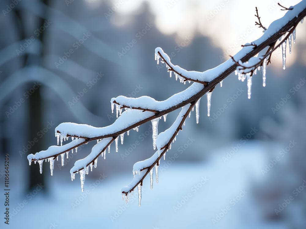 Poster Frozen Tree Branch In Winter Landscape With Soft Focus And Shallow Depth Of Field, Capturing Delicate Winter Details. 00002
