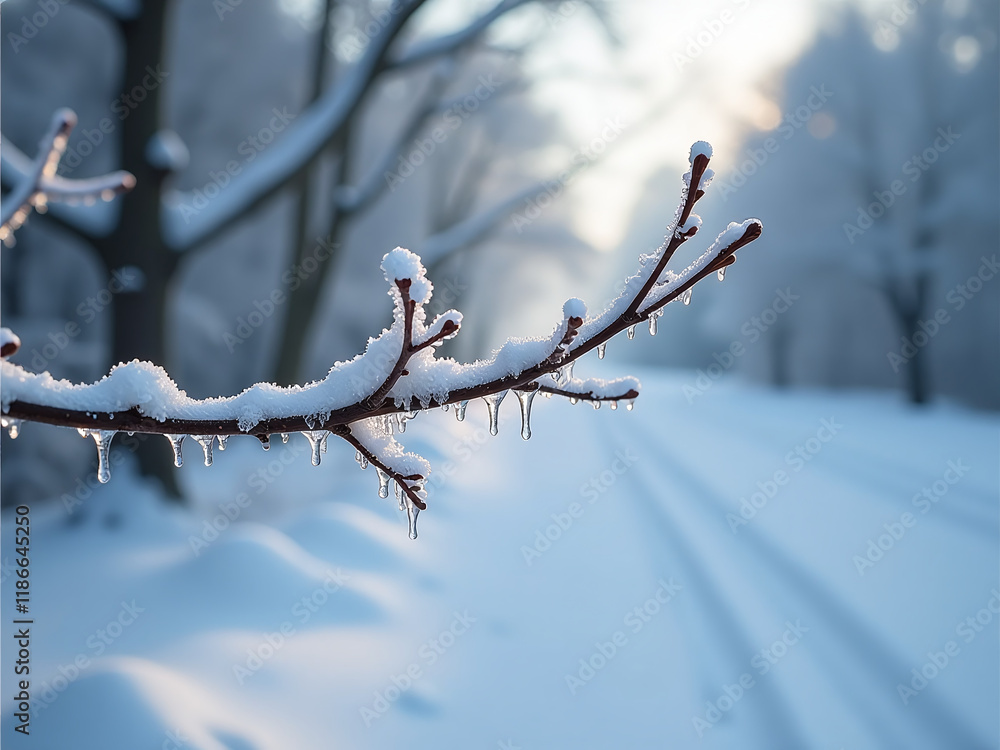Poster Frozen Tree Branch In Winter Landscape With Soft Focus And Shallow Depth Of Field, Capturing Delicate Winter Details. 00003