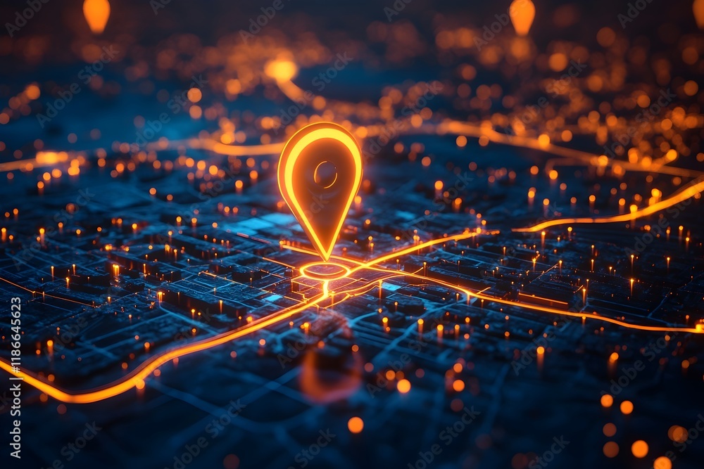 Poster abstract futuristic cityscape map with glowing neon location pin pointer navigation technology digit