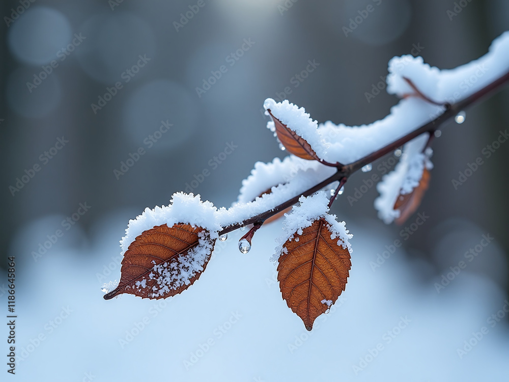 Poster Frozen Branch Against Winter Background With Brown Leaves In Soft Focus And Shallow Depth Of Field Photography Technique. 00002