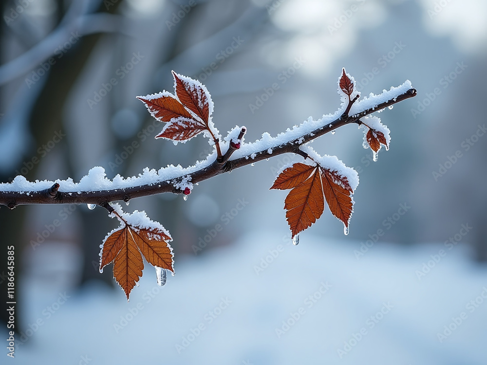 Poster Frozen Branch Against Winter Background With Brown Leaves In Soft Focus And Shallow Depth Of Field Photography Technique. 00001