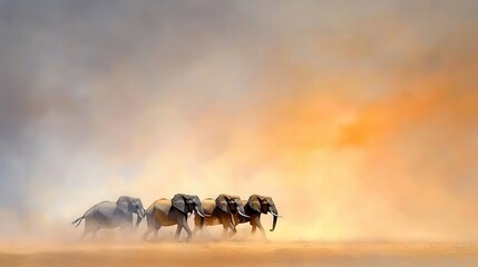 Obraz premium Wildlife safaris showcase wild animals and stunning sunset views. Elephants walking through a misty landscape at sunset.
