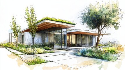Fototapeta premium A sketch of an eco-friendly home design featuring a green roof, large energy-efficient windows, and a green facade, promoting sustainability and reducing environmental impact.
