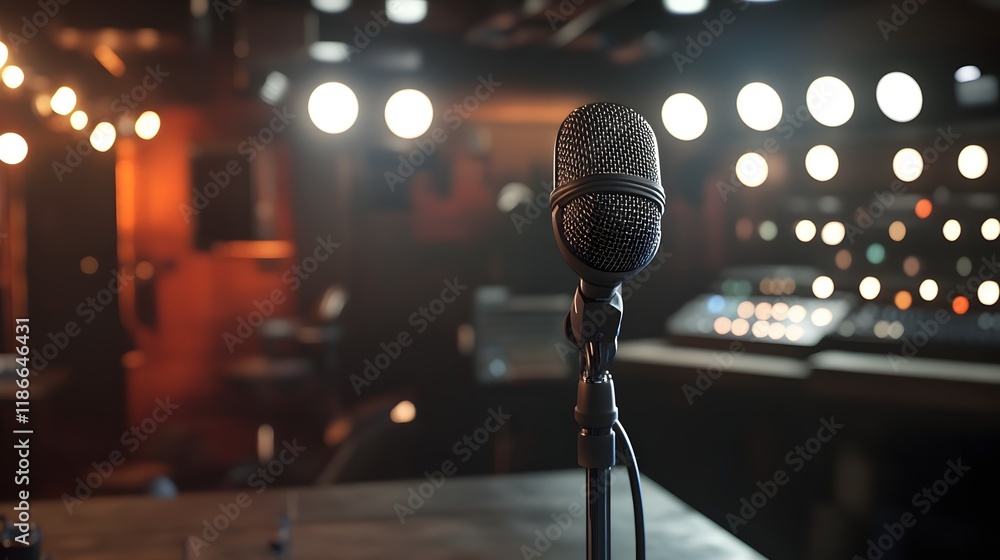 Poster microphone on stand in recording studio setting