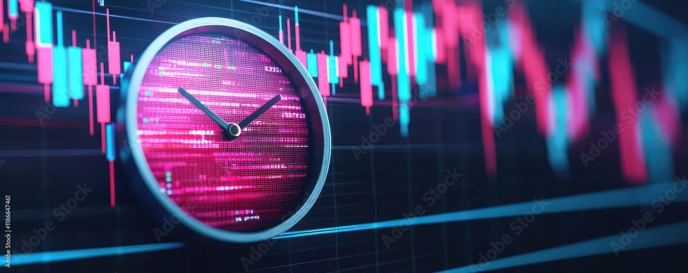 Poster a digital clock juxtaposed with colorful stock market graphs, highlighting the connection between ti