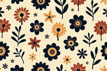 モダンレトロなフラワーパターン、ベージュとブラックのシンプルな対称形状
