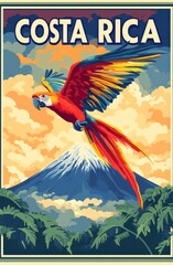A parrot flying over a tropical rainforest below, a colorful illustration for an advertising campaign for costa rica