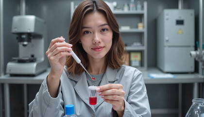 Precise Asian Female Scientist Using Pipette with Red Solution in Modern Laboratory