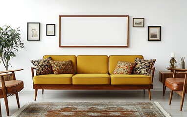 Mid-century modern yellow sofa in living room,  white walls, artwork. Home decor inspiration