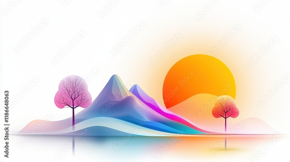 Poster artistic mountain icon with curves: a minimalistic yet vibrant mountain icon with curved edges, pair