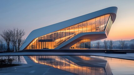 Fototapeta premium Modern Architectural Design Reflecting Sunset with Serene Pool