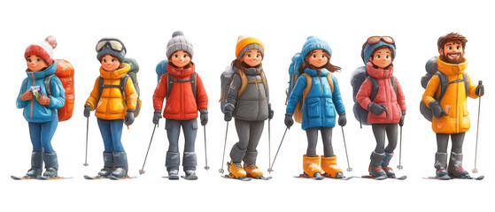 Fototapeta premium [Cartoon winter group outing] Colorful Cartoon Friends Ready For Winter Adventure