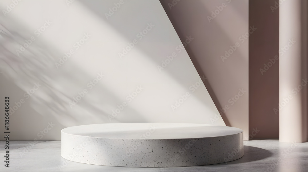 Poster elegant 3d white and gray cylinder stand podium with overlapping triangles perfect for product displ