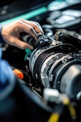 A detailed shot of someone tinkering with the mechanics of a vehicle