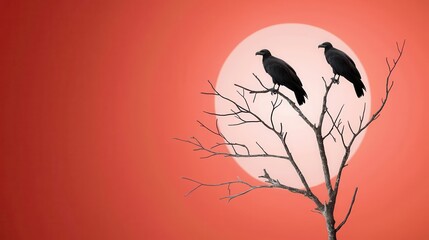Wildlife safaris showcase wild animals and stunning sunset views. Silhouetted birds perched on a branch against a sunset backdrop.