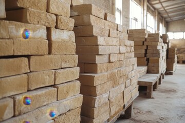 Raw clay blocks stacked in a spacious warehouse ready for processing and production activities