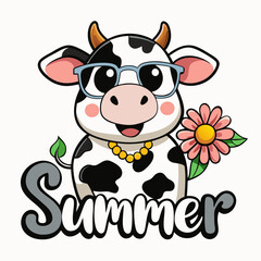 a happy cow lounging in a meadow with sunglasses, round glasses, and a tropical flower garland. Add the word 'Summer' in bold,
