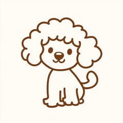 A simple line drawing of an anthropomorphic dog, a poodle with ears and fur fluttering in the wind, a brown outline showing a lively and cute atmosphere, simple but full of childish charm