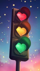 A traffic light with heart-shaped lights, in a cartoon style, featuring the highest light is red, the middle light is yellow and the lowest light is green colors