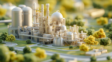 Fototapeta premium Eco-friendly industrial plant amidst greenery, showcasing sustainable manufacturing practices, advanced technology, and environmental conservation in modern industry.