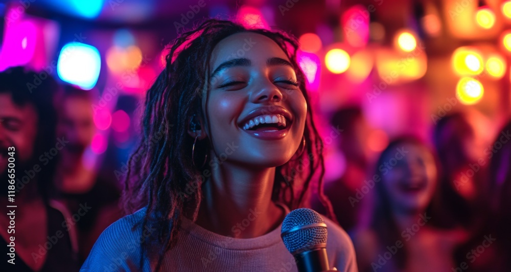 Poster a woman with dreadlocks smiles widely while holding a microphone, surrounded by lively people in a v