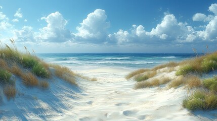 Sandy path leads to a beautiful beach with turquoise ocean and fluffy clouds under sunny sky.