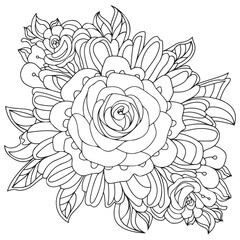 Flower coloring page. Flower coloring book pages. Flower vector black and white line art sketch drawing. Rose coloring pages for adults. Rose flower vector. Hand drawn floral background illustration.