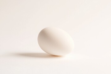 A single white egg sits on a clean white surface, ideal for use in food or medical photography