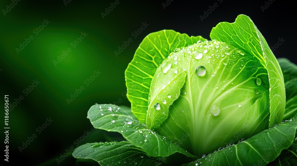 Poster cabbage with water drops: a fresh head of cabbage with water droplets on its leaves, creating a refr