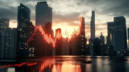 Fototapeta premium Cityscape Financial Market: A dramatic image of a cityscape, dominated by towering skyscrapers silhouetted against a vibrant sunset.