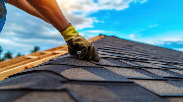 A worker installs shingles on a roof, showcasing craftsmanship under a bright sky with clouds, emphasizing the importance of roof maintenance.