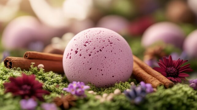 Lavender bath bomb resting on a bed of colorful flowers and aromatic spices in a serene natural setting