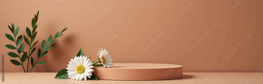 Poster Flowers Are Placed On A Simple Brown Podium With A Minimalist Design For Presenting Products In A Clean Atmosphere. 00001