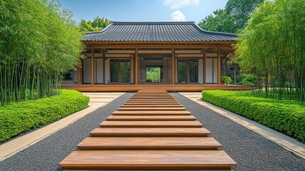 Fototapeta premium Serene Asian-style house with wooden walkway, landscaped garden, and bamboo.