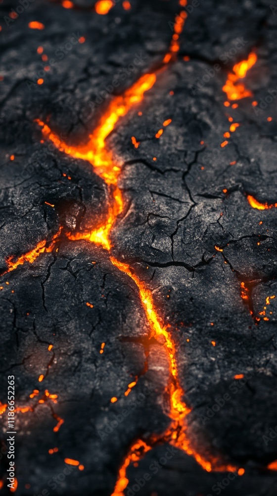 Aufkleber Flowing orange magma courses through dark ground cracks, creating a striking and perilous display of nature's raw power and the intense heat of volcanic activity