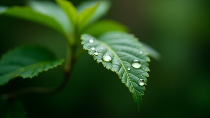 Obraz premium A raindrops on a green leaf with a blurred forest background