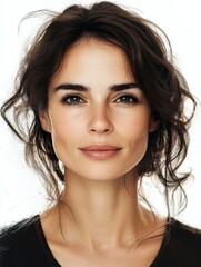 Natural beauty portrait showcasing a woman with tousled hair and a soft expression against a light background