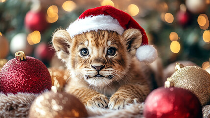 Obraz premium Adorable Lion Cub in Santa Hat with Christmas Ornaments
