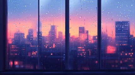 Rainy city sunset viewed through a window.