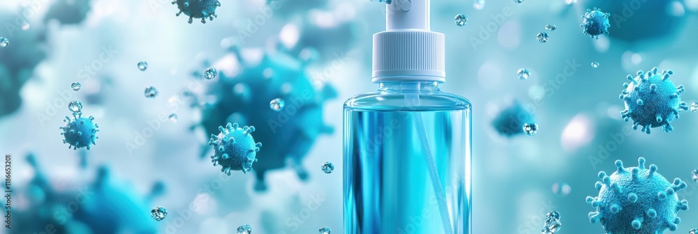 Poster Droplets of sanitizer effectively eliminating bacteria in a clean environment. Generative AI